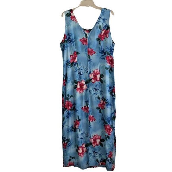 Jade Fashions Sleeveless Maxi Dress Size XL VTG Hawaii Blue Tropical Hibiscus - Picture 4 of 15